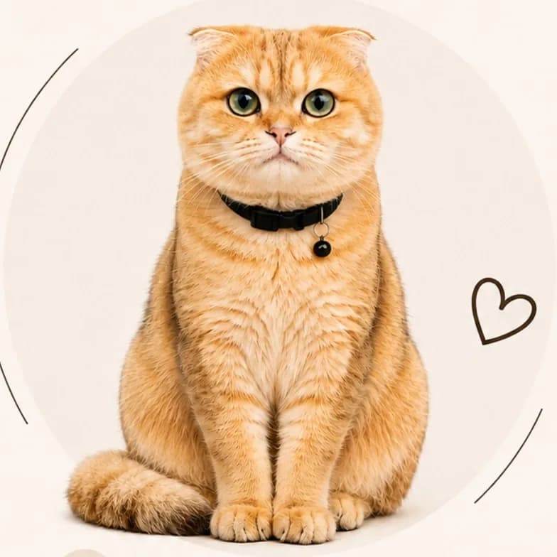 Suny, un Scottish Fold roux, assis, le regard tourné vers la salle.