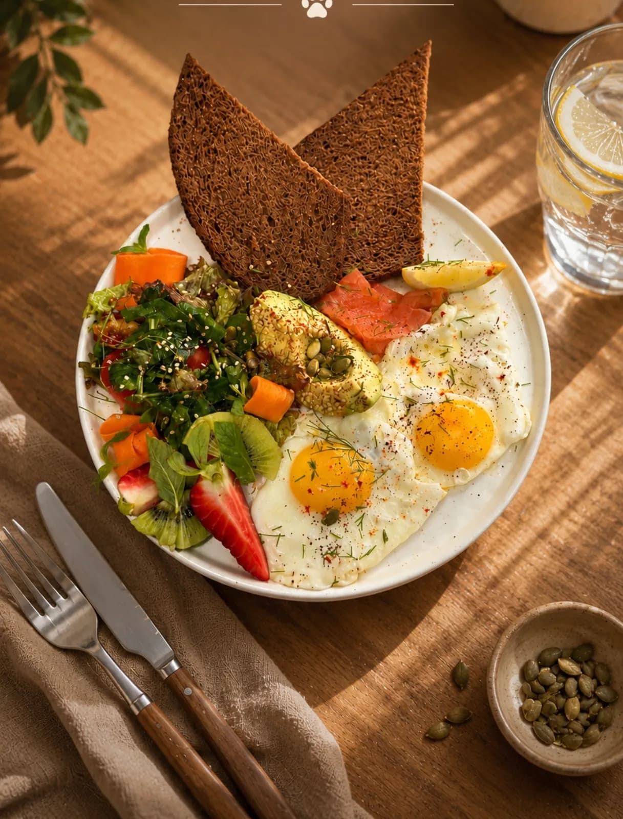 Le Big Suny Breakfast : œufs, saumon fumé, avocat et salade, avec deux tranches de pain de seigle dressées comme une paire d'oreilles de chat.