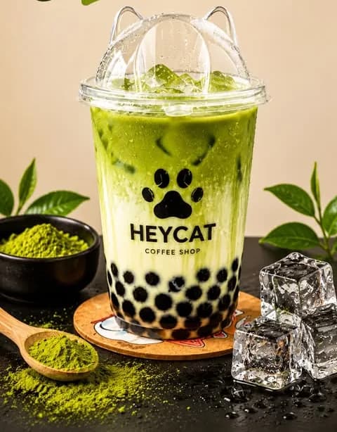 Un bubble matcha glacé dans un gobelet transparent, fermé par un couvercle bombé moulé en deux oreilles de chat, le logo patte imprimé sur le côté.